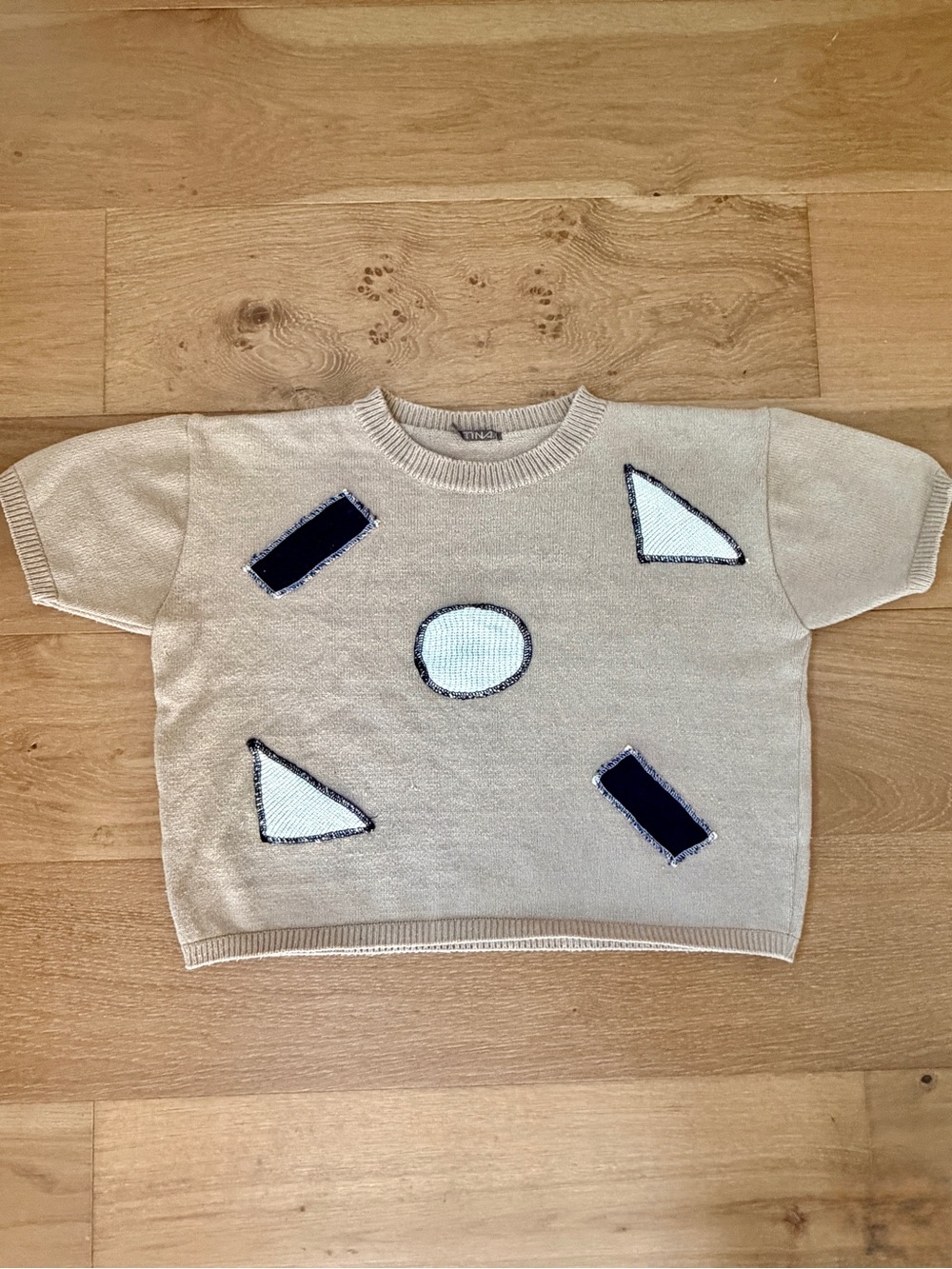 Vintage 80s TINA Boxy Crop Knit Sweater Geometric Abstract Top Beige M/L Retro